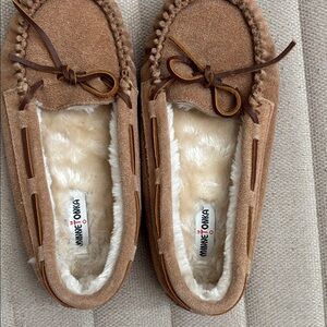 Minnetonka Brown Suede Moccasins with Faux Fur